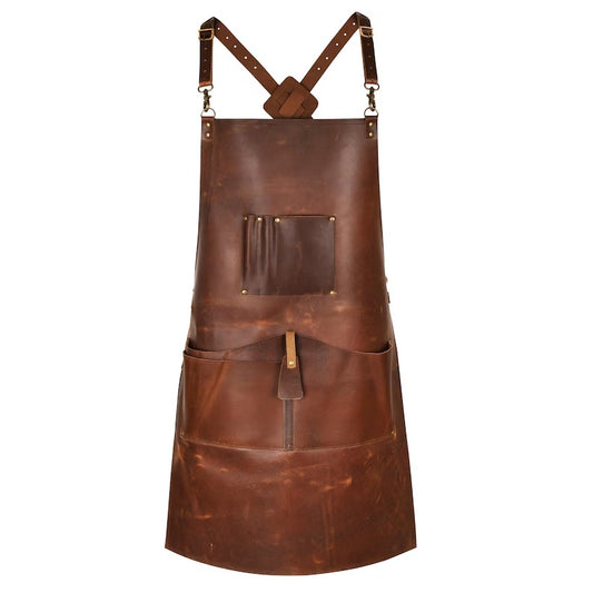 Heavy-Duty Full Grain Leather Work Apron – Adjustable Crossback Straps & Multi-Tool PocketsHandcrafted Real Leather Shop Apron for