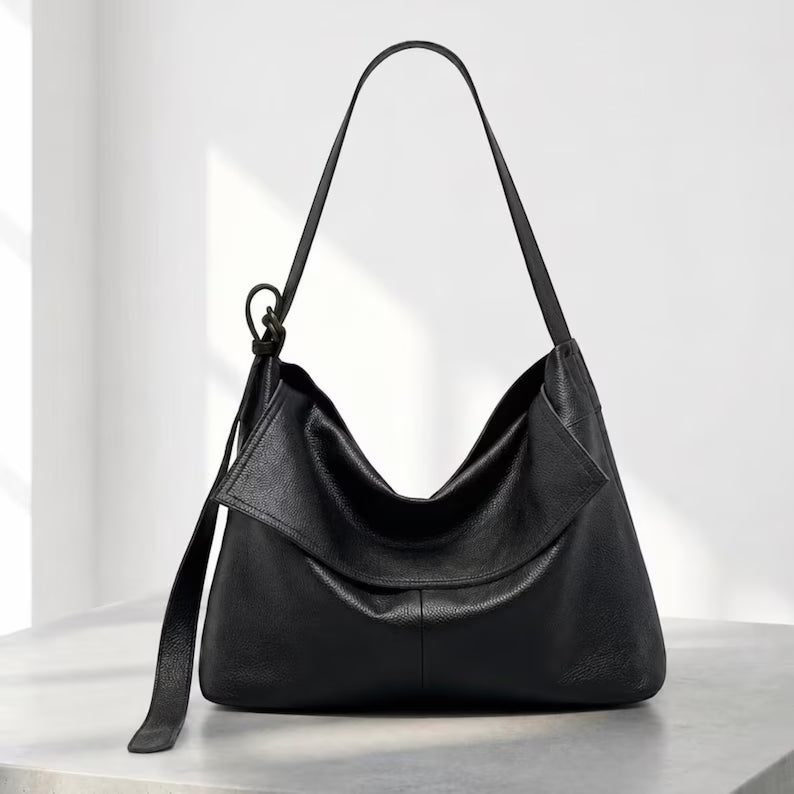 Soft Genuine Leather Slouchy Shoulder Bag / Convertible Hobo Crossbody