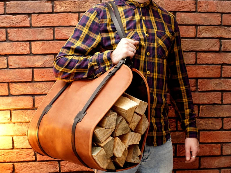 Handcrafted Genuine Leather Firewood Carrier & Log Tote Bag
