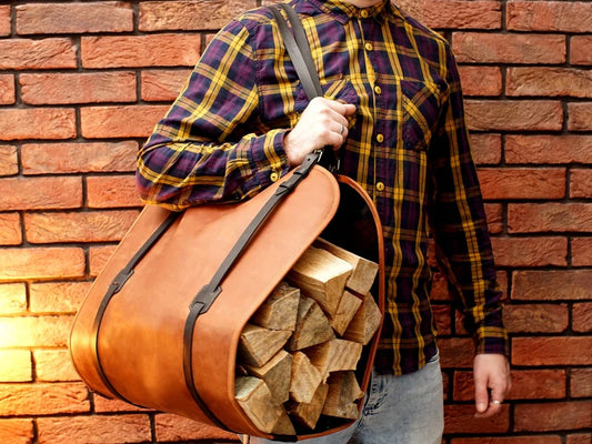 Handcrafted Genuine Leather Firewood Carrier & Log Tote Bag