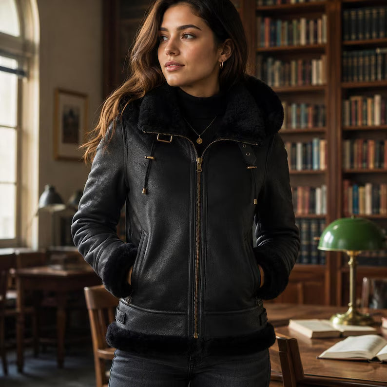 Primary: Women's Classic Black Faux Shearling-Lined B3 Bomber Jacket with Hood  Alternative: Women's Winter Aviator Faux Fur Trim Leather Jacket