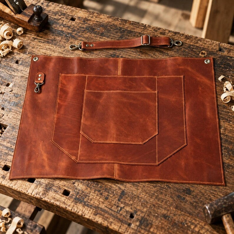 Handcrafted Full-Grain Leather Work Half-Apron with Adjustable Belt & Utility Pockets
