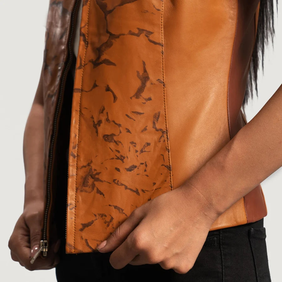Women's Brown Printed Leather Vest with Studded Shoulders