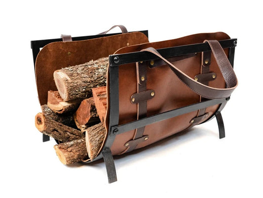 Leather Log Carrier and Firewood Holder Stand Set