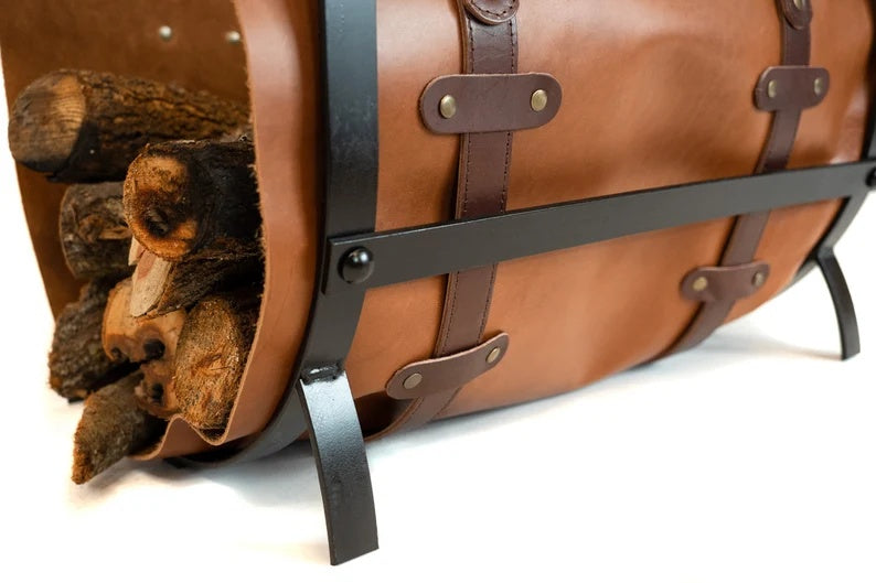 Leather Log Carrier and Firewood Holder Stand Set