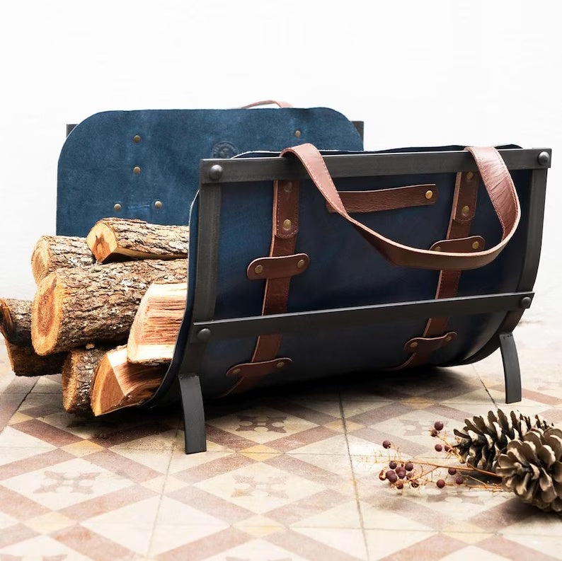 Leather Log Carrier and Firewood Holder Stand Set
