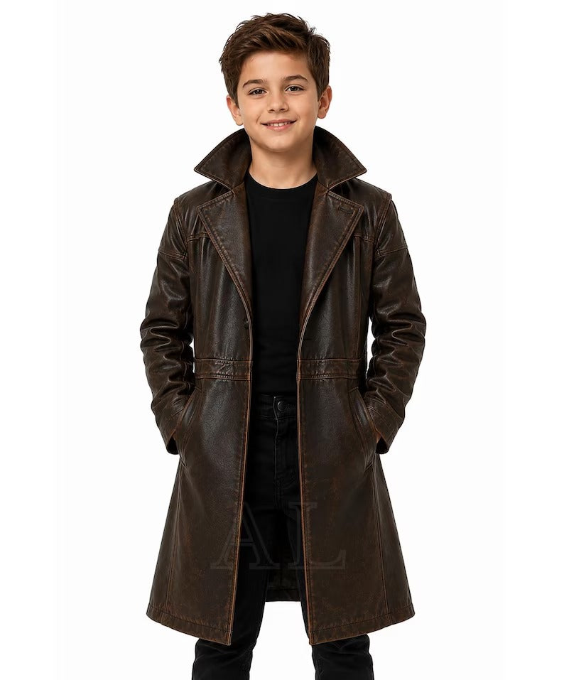 Boys' Vintage Distressed Brown Leather Long Trench Coat