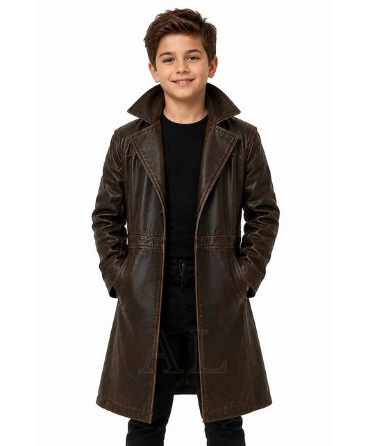 Boys' Vintage Distressed Brown Leather Long Trench Coat