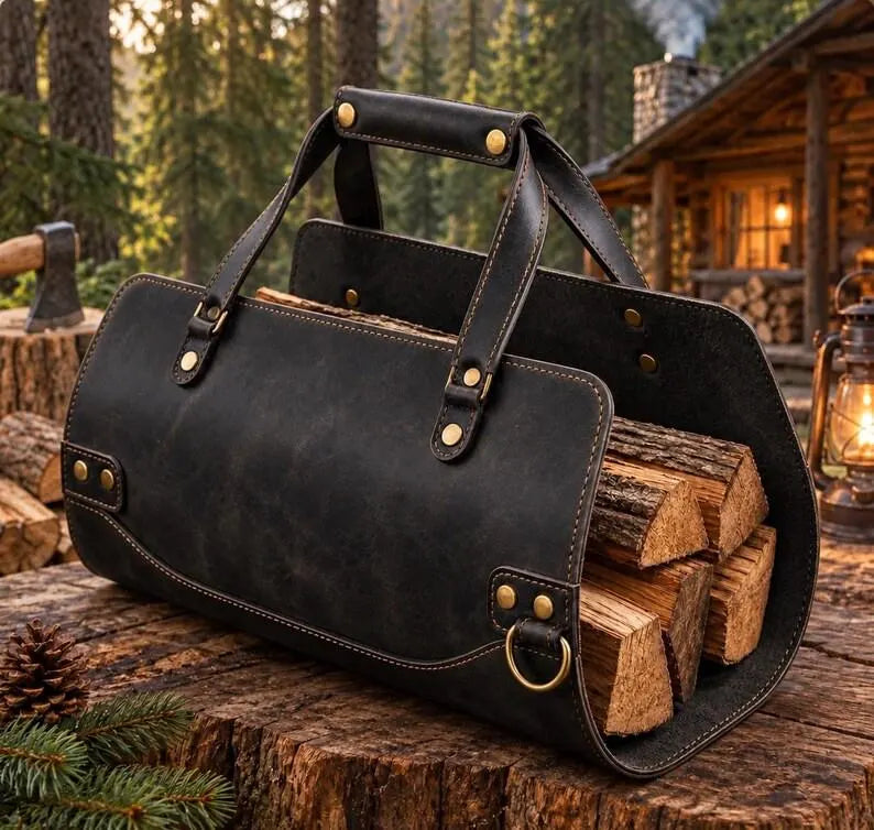 Premium Leather Firewood Carrier Bag – Heavy-Duty Log Tote Basket with Sturdy Handles & Metal Accents for Indoor Fireplace, Hearth, and Camping