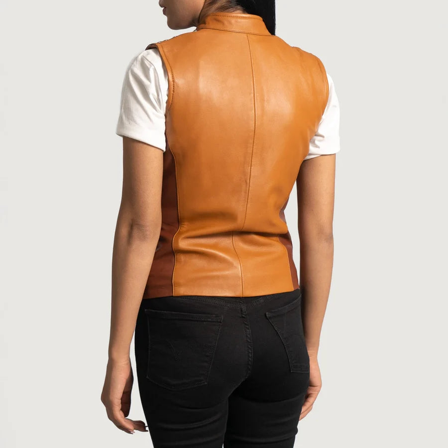 Women's Brown Printed Leather Vest with Studded Shoulders