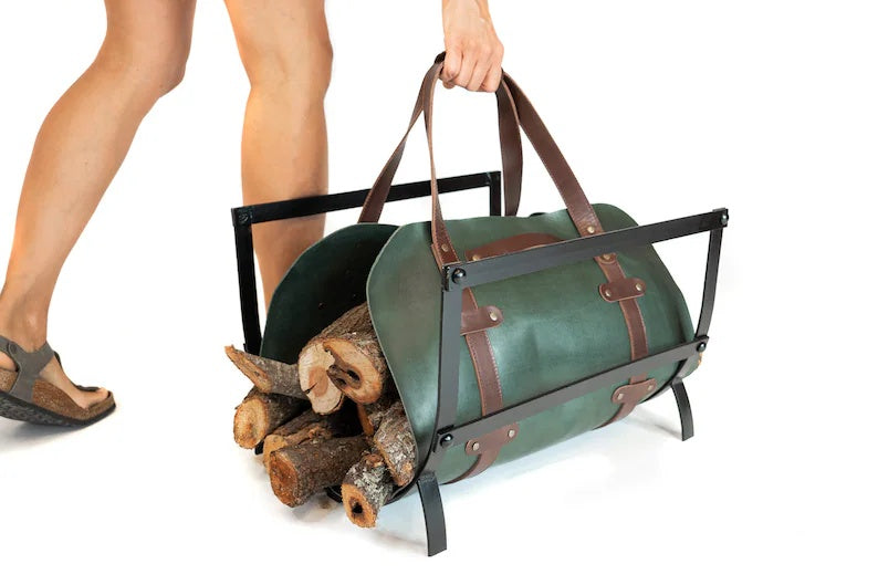 Leather Log Carrier and Firewood Holder Stand Set