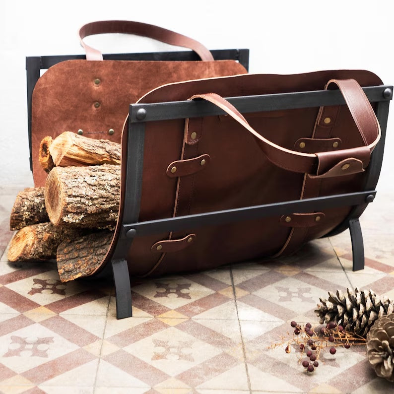 Leather Log Carrier and Firewood Holder Stand Set