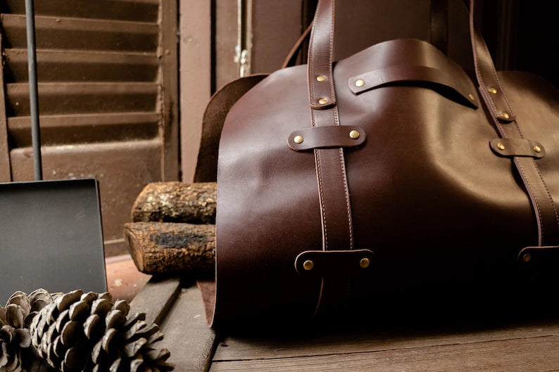 Leather Log Carrier and Firewood Holder Stand Set