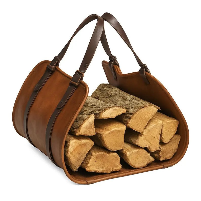 Handmade Leather Firewood Carrier & Log Basket Holder