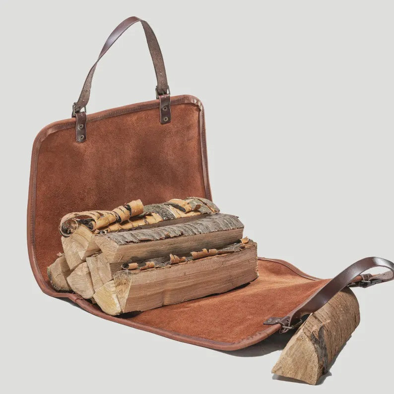 Handmade Leather Firewood Carrier & Log Basket Holder