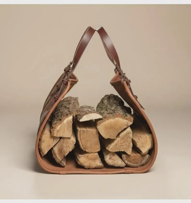 Handmade Leather Firewood Carrier & Log Basket Holder