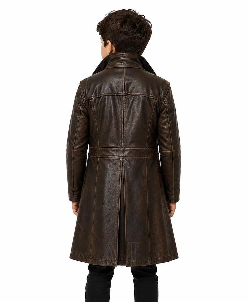 Boys' Vintage Distressed Brown Leather Long Trench Coat