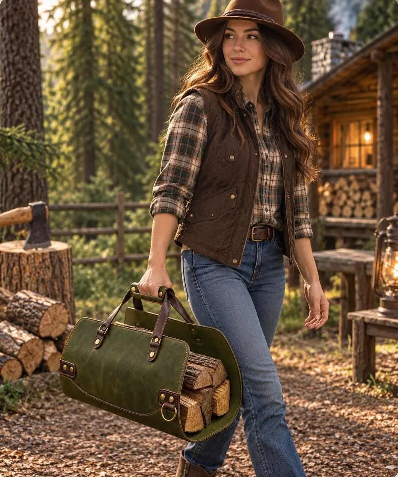 Premium Leather Firewood Carrier Bag – Heavy-Duty Log Tote Basket with Sturdy Handles & Metal Accents for Indoor Fireplace, Hearth, and Camping