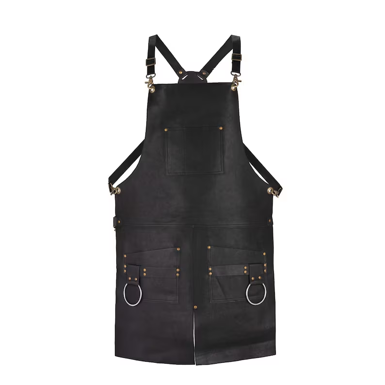 Genuine Leather Work Apron – Heavy Duty Adjustable Cross-Back Straps with Multi-Pockets & Metal Towel/Tool Rings