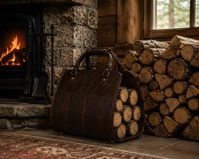 Premium PU Leather Firewood Carrier & Log Tote Bag for Indoor Fireplaces