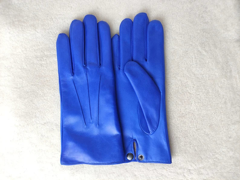 Vibrant Blue Leather Gloves with Snap Closure