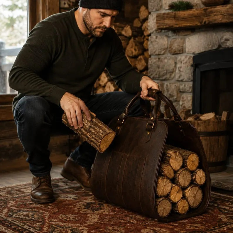 Premium PU Leather Firewood Carrier & Log Tote Bag for Indoor Fireplaces