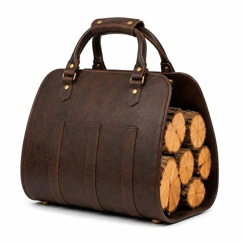 Premium PU Leather Firewood Carrier & Log Tote Bag for Indoor Fireplaces