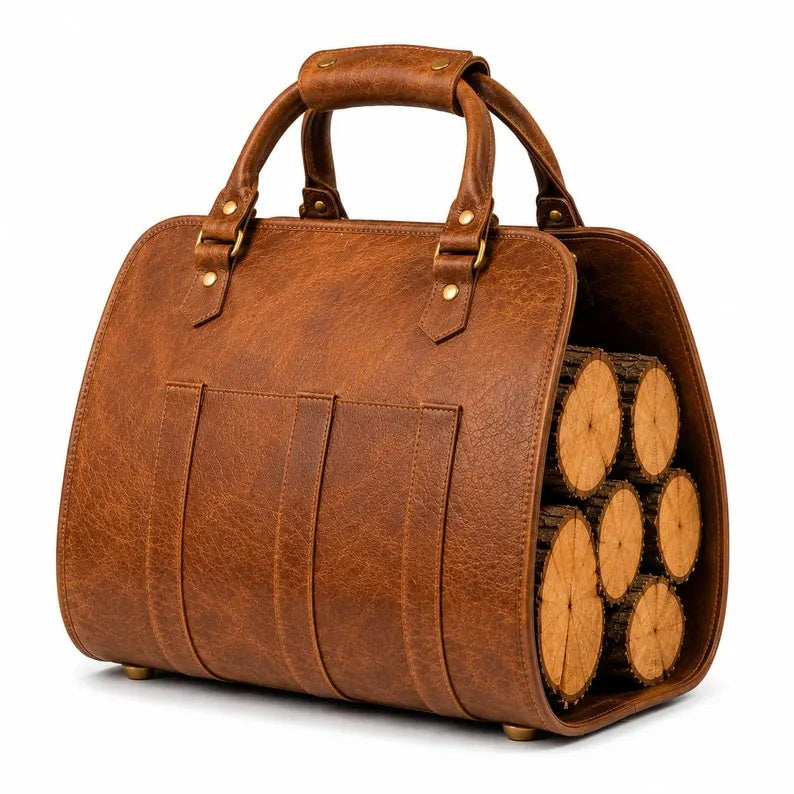 Premium PU Leather Firewood Carrier & Log Tote Bag for Indoor Fireplaces