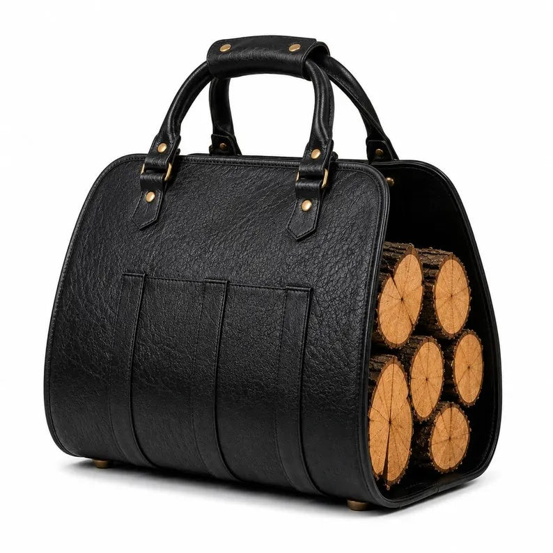 Premium PU Leather Firewood Carrier & Log Tote Bag for Indoor Fireplaces