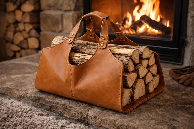 Premium Leather Log Carrier & Firewood Holder Tote