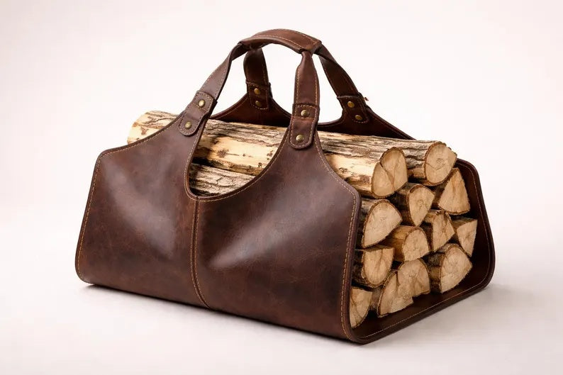 Premium Leather Log Carrier & Firewood Holder Tote