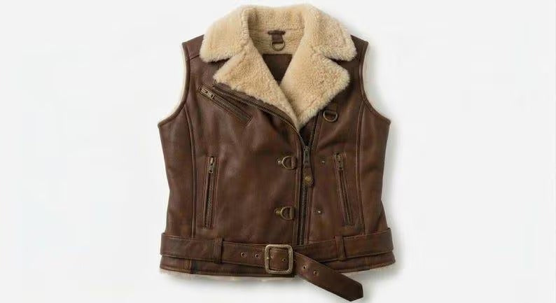 Women's Brown Shearling-Lined Biker Leather Vest