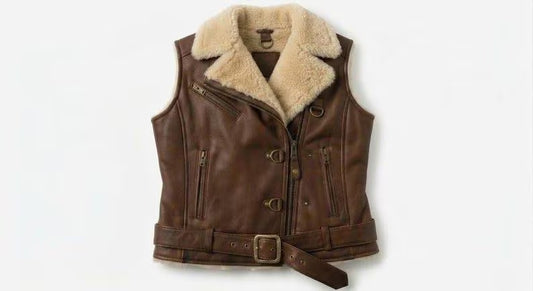 Women's Brown Shearling-Lined Biker Leather Vest