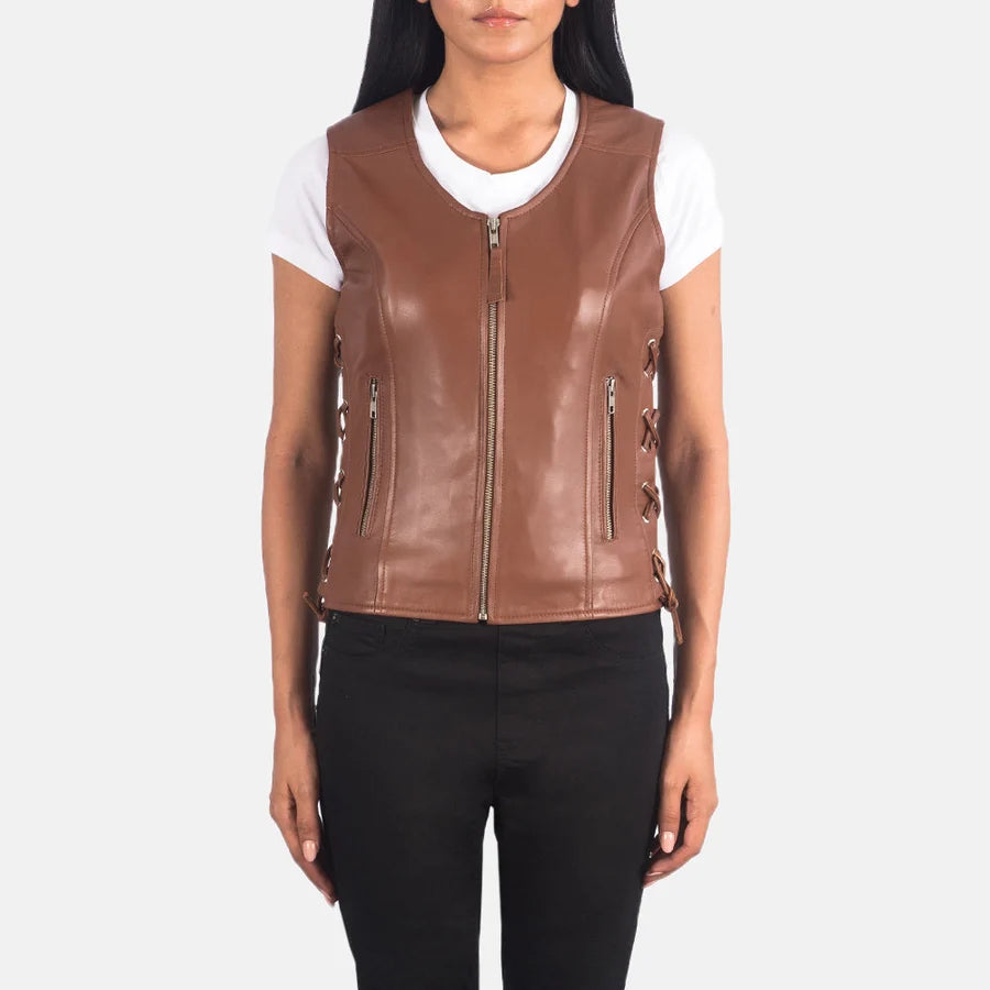 Women's Brown Leather Biker Vest with Side Lacing and Zipper Pockets