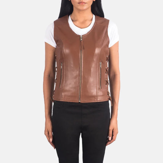 Women's Brown Leather Biker Vest with Side Lacing and Zipper Pockets