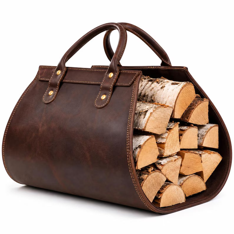 Premium Leather Firewood Carrier Bag with Sturdy Handles & Open-End Design