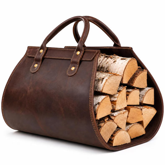 Premium Leather Firewood Carrier Bag with Sturdy Handles & Open-End Design