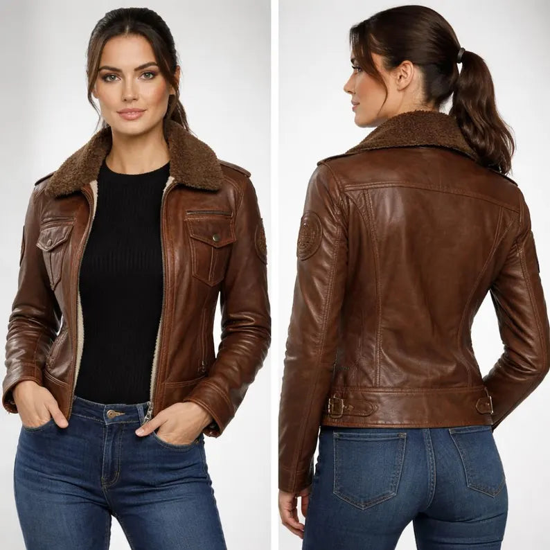 Women’s Vintage Brown Leather Bomber Jacket with Sherpa Collar and Utility Pockets