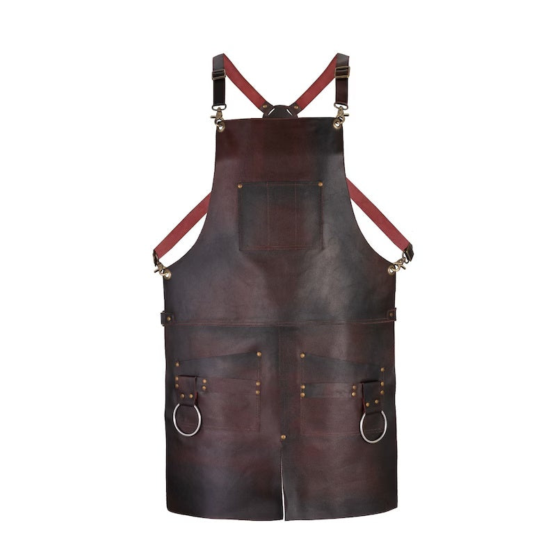 Genuine Leather Work Apron – Heavy Duty Adjustable Cross-Back Straps with Multi-Pockets & Metal Towel/Tool Rings