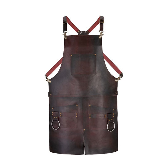 Genuine Leather Work Apron – Heavy Duty Adjustable Cross-Back Straps with Multi-Pockets & Metal Towel/Tool Rings
