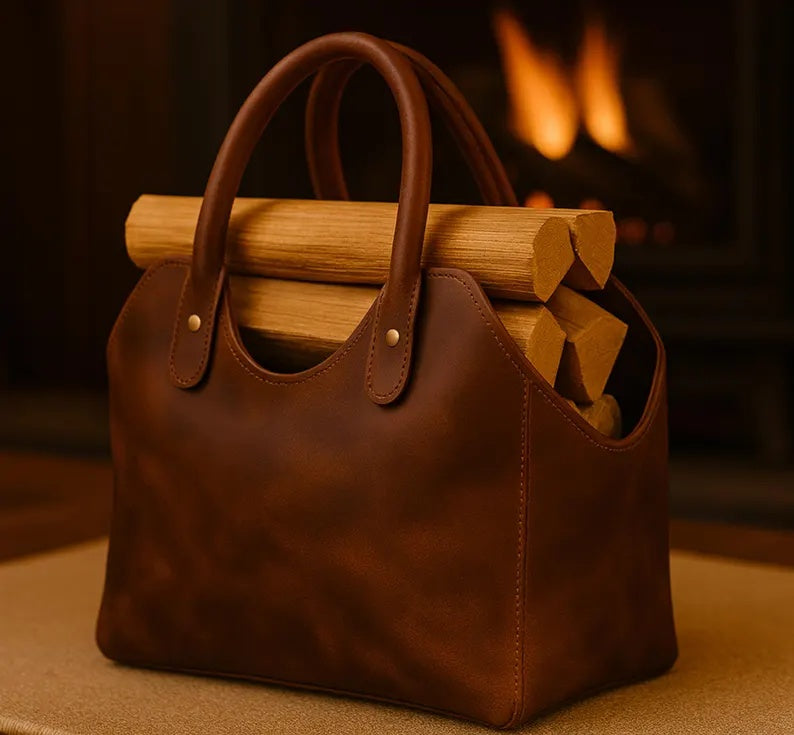Premium Leather Firewood Carrier & Log Basket – Handcrafted Indoor Firewood Holder with Sturdy Handles for Hearth & Hearthside StorageModern Black Leather Firewood Log Carrier – Minimalist Fireside Storage Basket & Heavy-Duty Indoor Hearth Tote