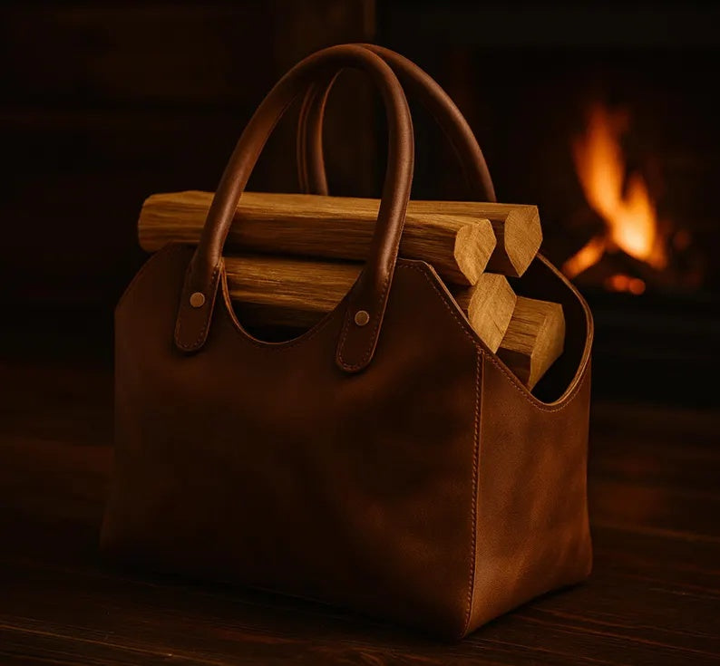 Premium Leather Firewood Carrier & Log Basket – Handcrafted Indoor Firewood Holder with Sturdy Handles for Hearth & Hearthside StorageModern Black Leather Firewood Log Carrier – Minimalist Fireside Storage Basket & Heavy-Duty Indoor Hearth Tote