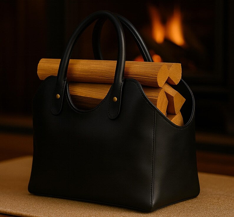 Premium Leather Firewood Carrier & Log Basket – Handcrafted Indoor Firewood Holder with Sturdy Handles for Hearth & Hearthside StorageModern Black Leather Firewood Log Carrier – Minimalist Fireside Storage Basket & Heavy-Duty Indoor Hearth Tote
