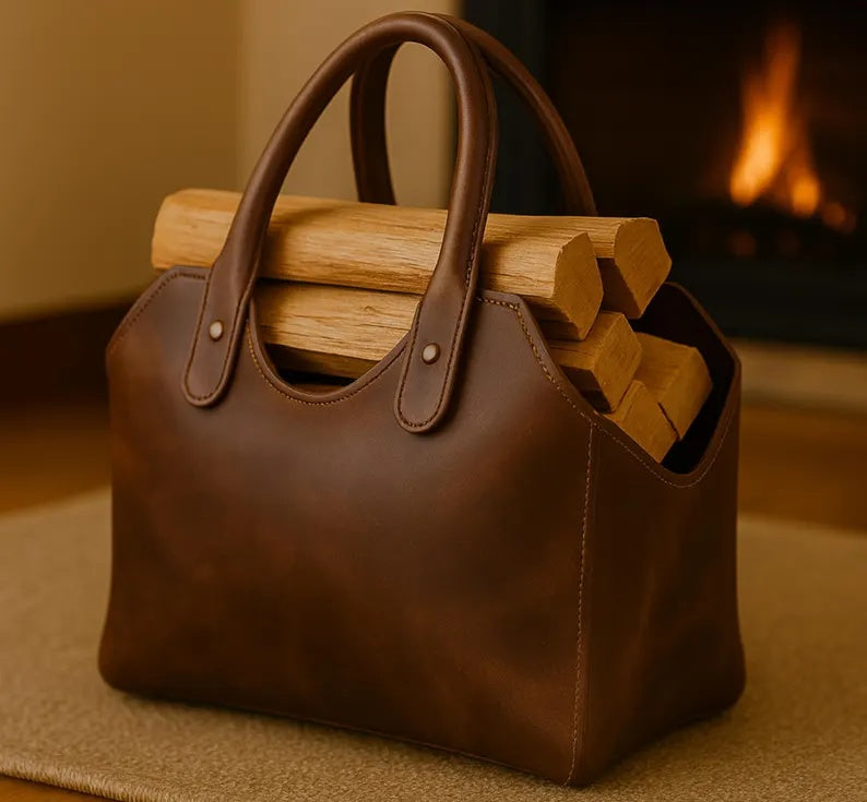 Premium Leather Firewood Carrier & Log Basket – Handcrafted Indoor Firewood Holder with Sturdy Handles for Hearth & Hearthside StorageModern Black Leather Firewood Log Carrier – Minimalist Fireside Storage Basket & Heavy-Duty Indoor Hearth Tote