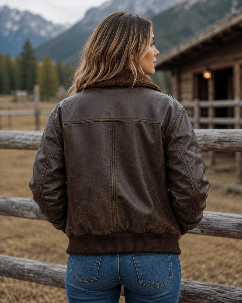 Women's Vintage Distressed Brown Leather Bomber Jacket with Faux Shearling Collar