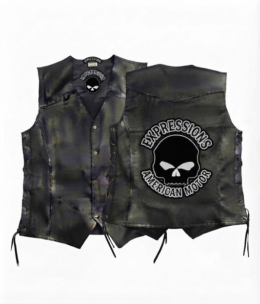 Men's Camo Leather Biker Vest with Skull Patch & Side Lacing – Vintage Black/Grey Motorcycle Club Vest