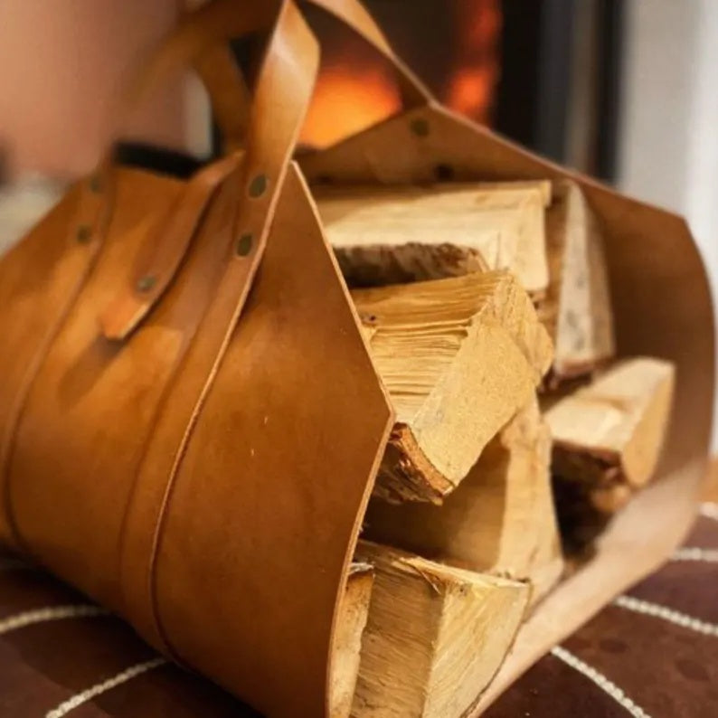 Handmade Leather Firewood Carrier / Log Tote Bag