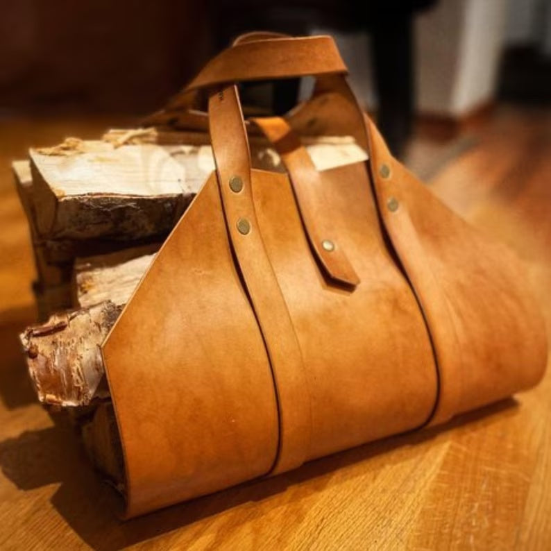 Handmade Leather Firewood Carrier / Log Tote Bag