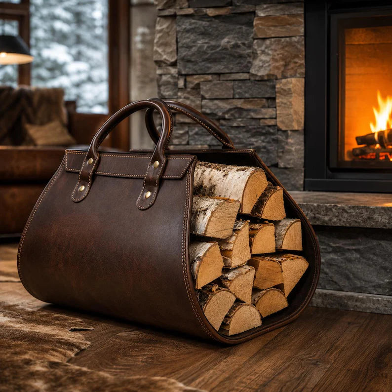 Premium Leather Firewood Carrier Bag with Sturdy Handles & Open-End Design