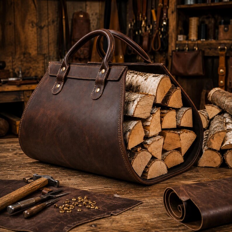 Premium Leather Firewood Carrier Bag with Sturdy Handles & Open-End Design